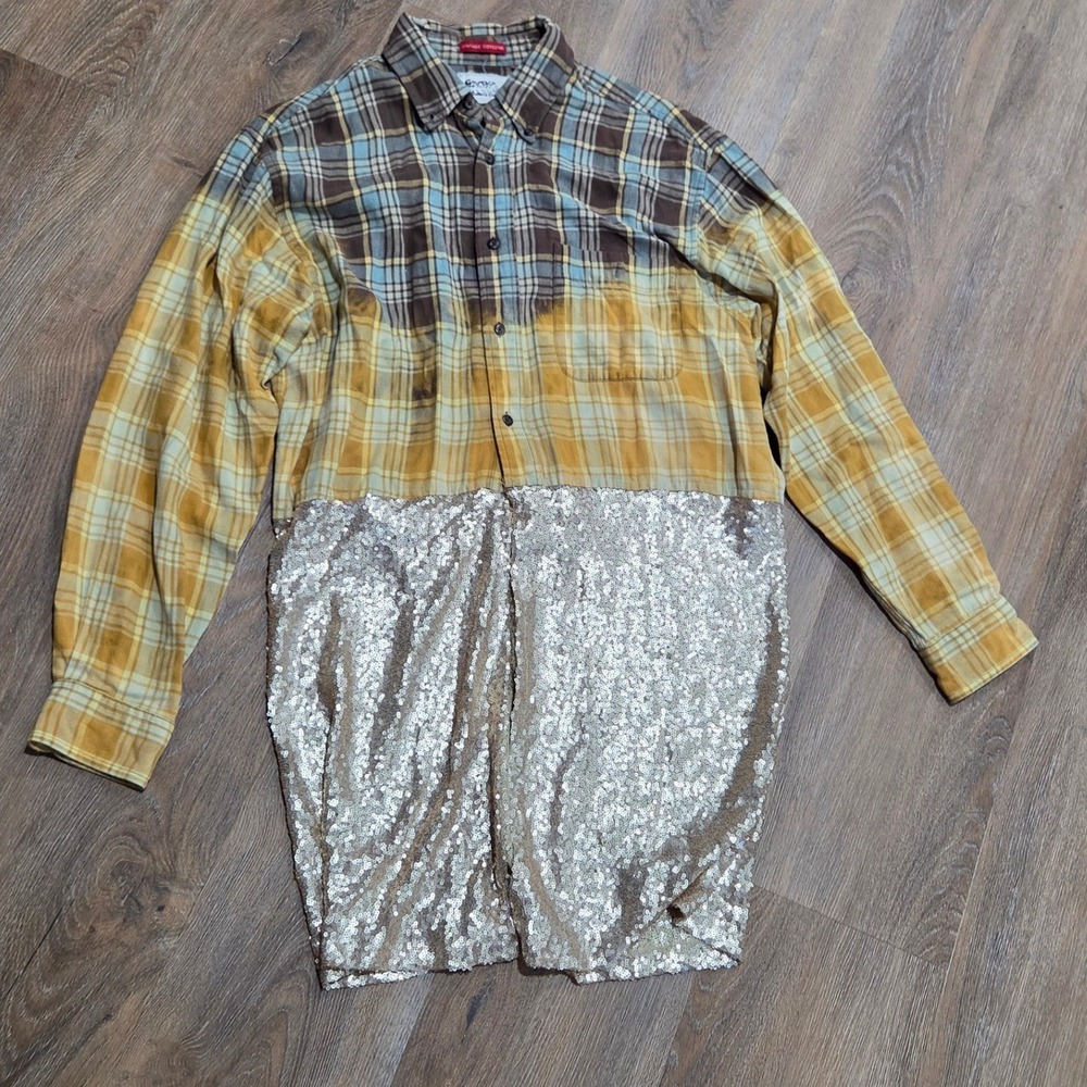 Flash & Trash Upcycled Plaid Flannel Sequin Shirt Brown Yellow Silver Medium